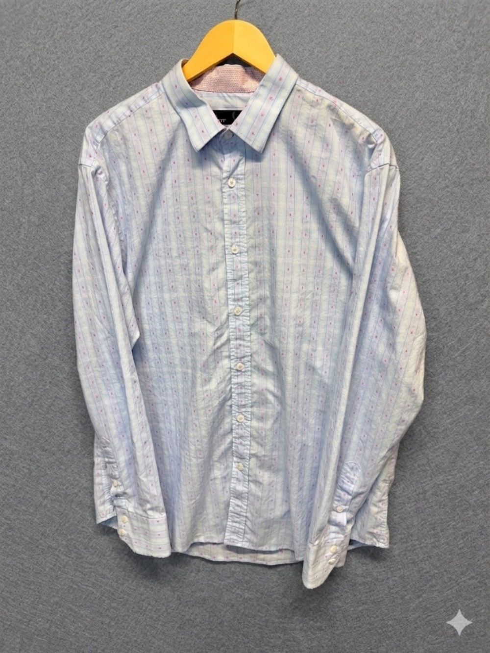 Quieti Men's XL Button Up Shirt Blue Pink Plaid Striped Textured 100% Cotton